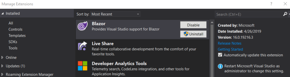 Use Manage Extensions to into the Blazor extension for Visual Studio